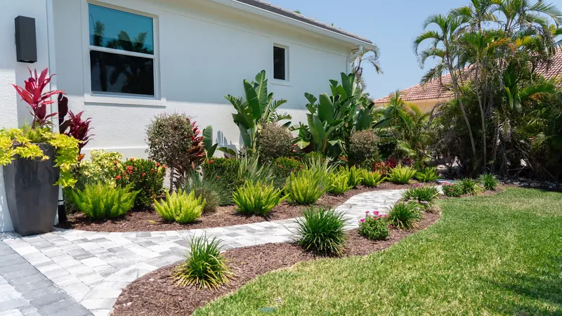 Curved paver path edged by mulched beds of ornamental grasses and tropical shrubs