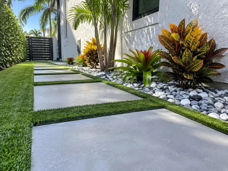 Example of artificial turf strips between large pavers next to a decorative rock bed