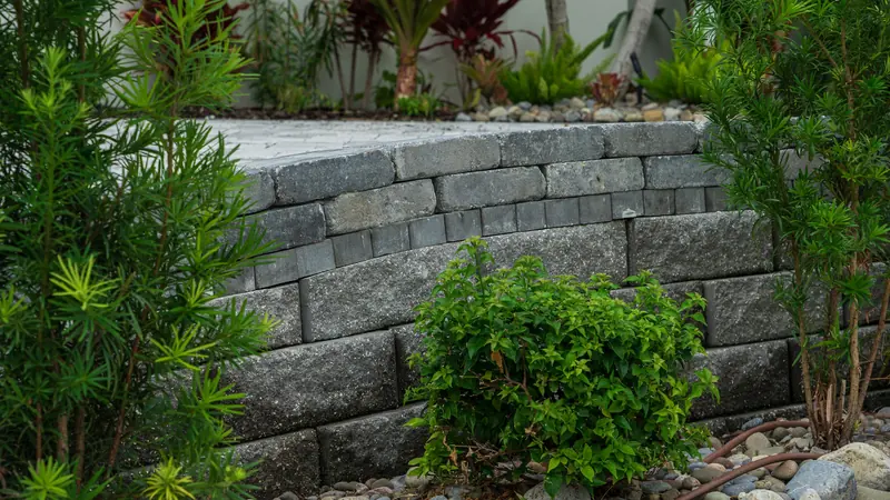 Upright evergreen shrubs planted along a stacked stone wall with river rock